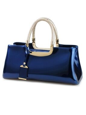 Blue Patent Leather Satchel with Gold Handles